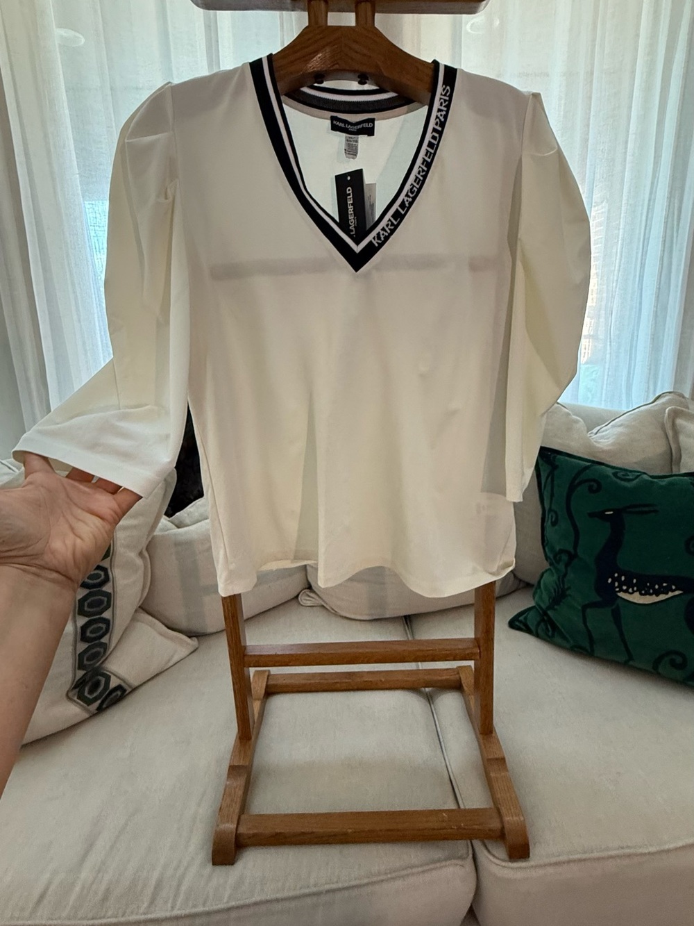 Karl Lagerfeld Cream V-Neck Blouse with Black Trim
